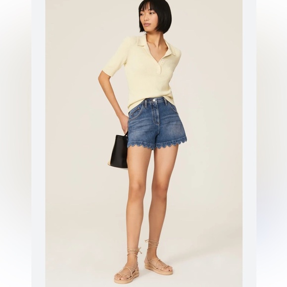 Maje Scalloped Trim Denim Shorts - Picture 2 of 11